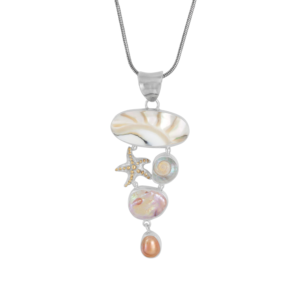 Sterling Silver Pendant With Star Component, Shell Malabar Turbos, Pearl