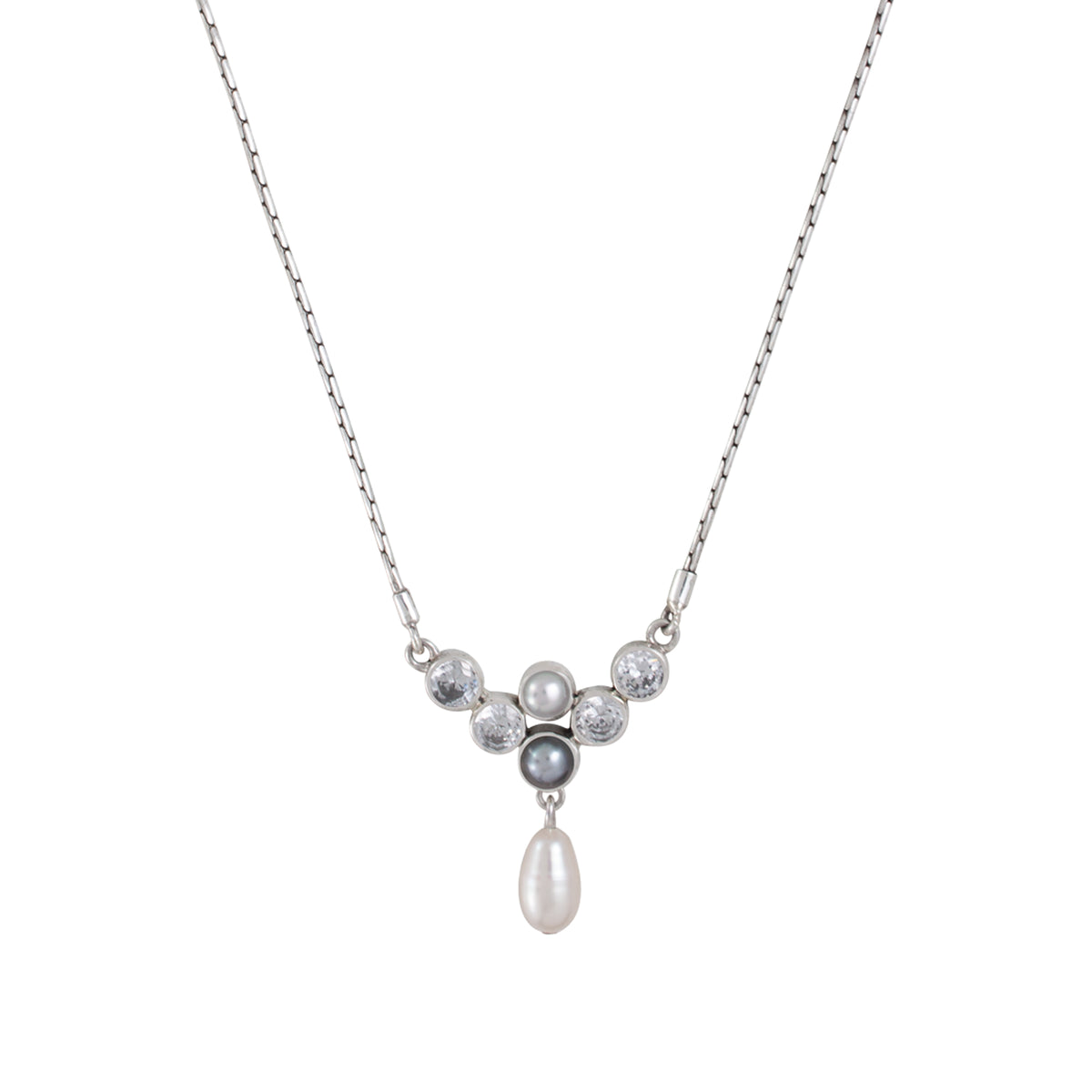 Sterling Silver Necklace With Cubic Zirconia And Pearls