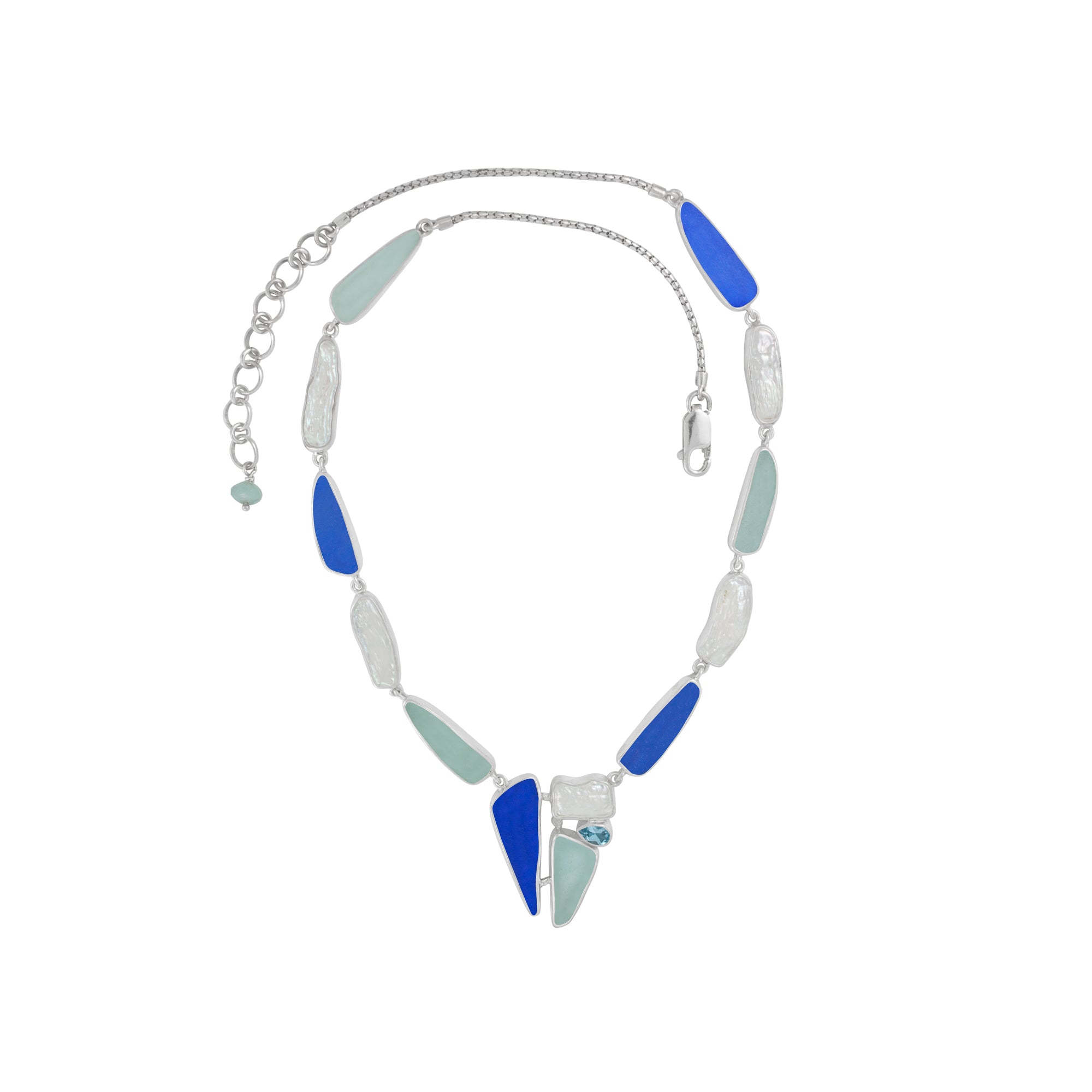 Sterling Silver Necklace With Sea Glass Aqua And Blue, Pearl, Blue Topaz Pear Facet