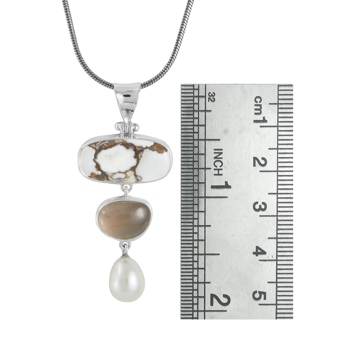 Sterling Silver Pendant With Iron Stone Rectangle Cushion, Smokey Free Form Cab, Pearl