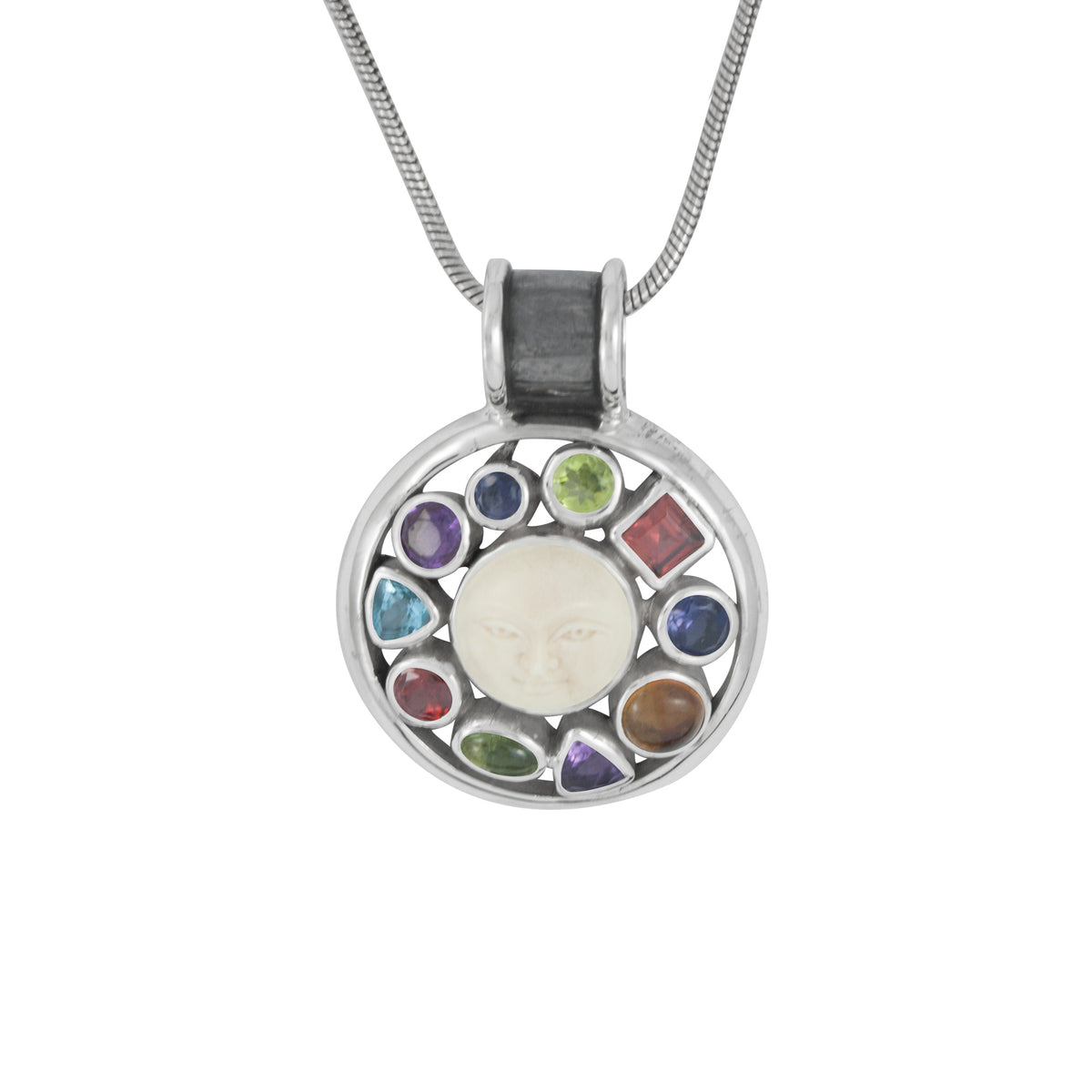 Sterling Silver Pendant With Multi Color Stone, Bone Face
