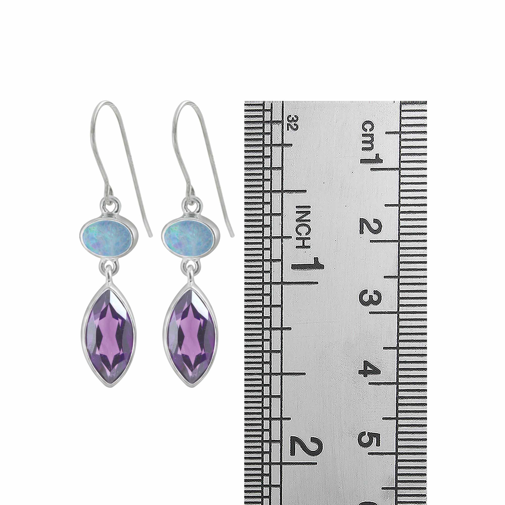 Sterling Silver Earring With Opal, Amethyst Marquoise Facet