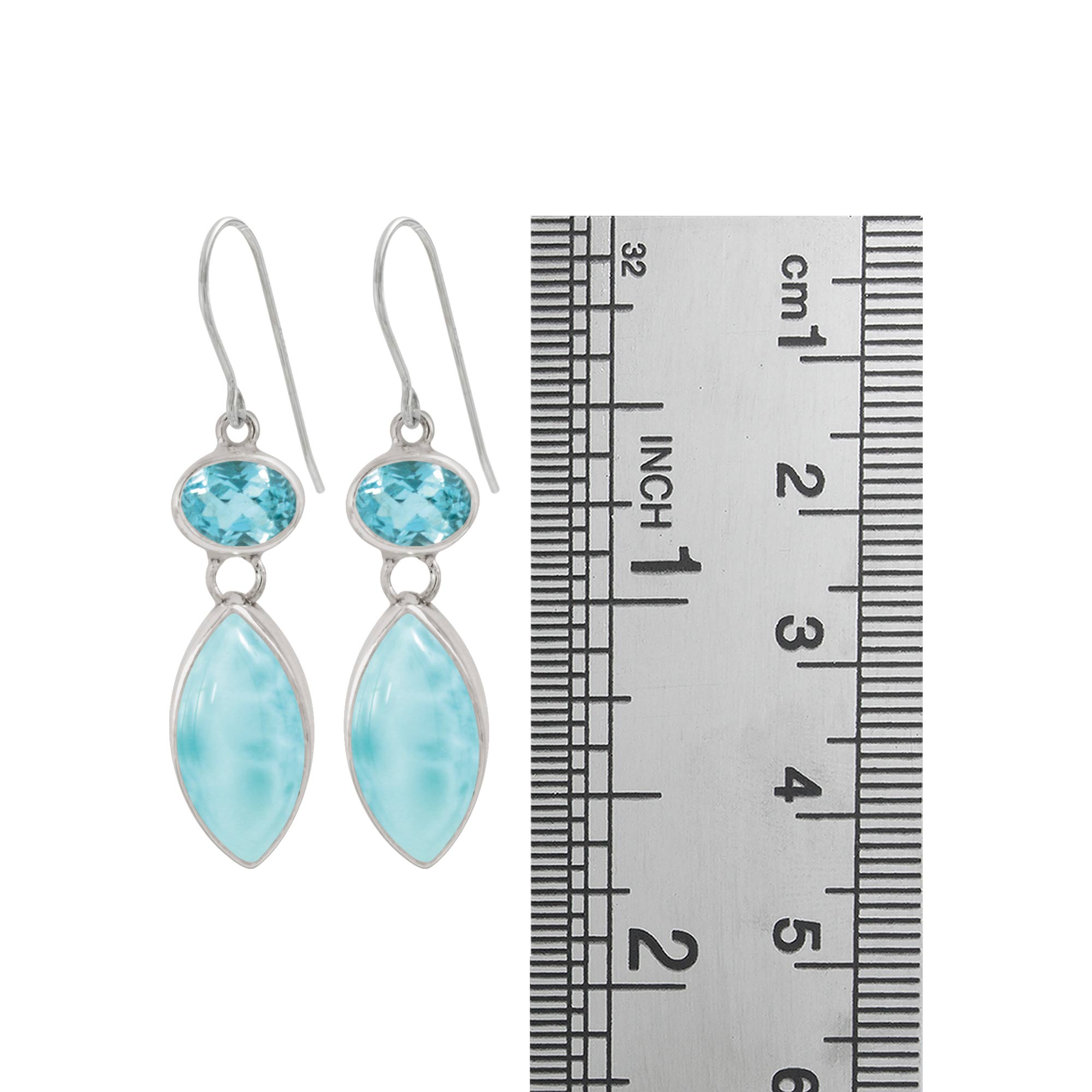 Sterling Silver Earring With Blue Topaz Oval Facet, Larimar Marquoise