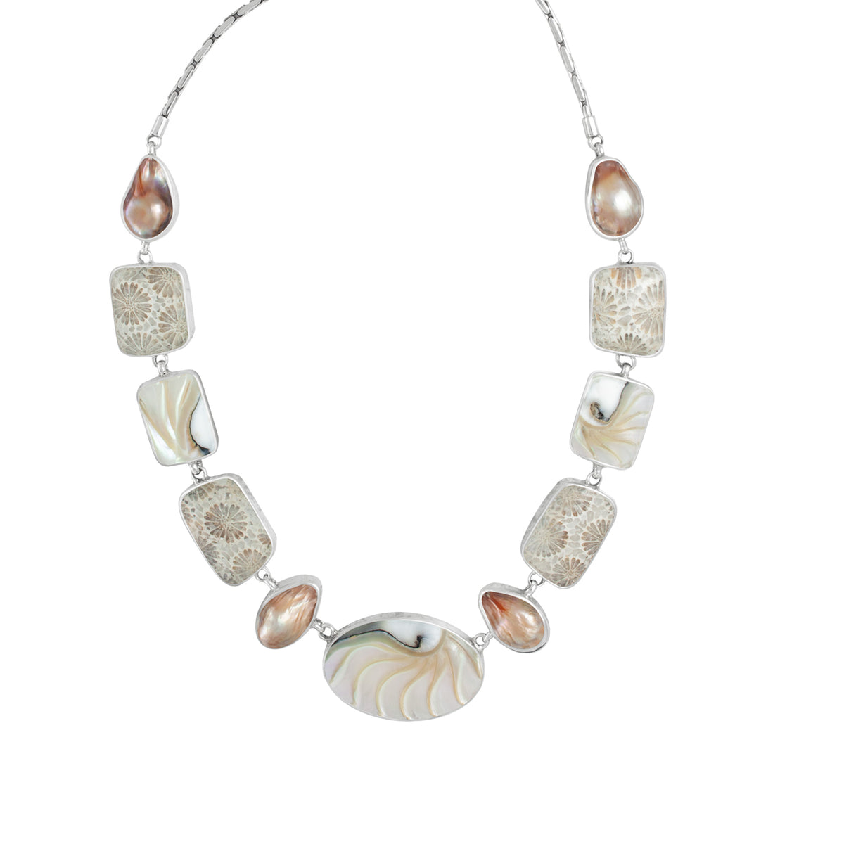 Sterling Silver Necklace With Fossilezed Palm, Peach Moon, Blister Pearl