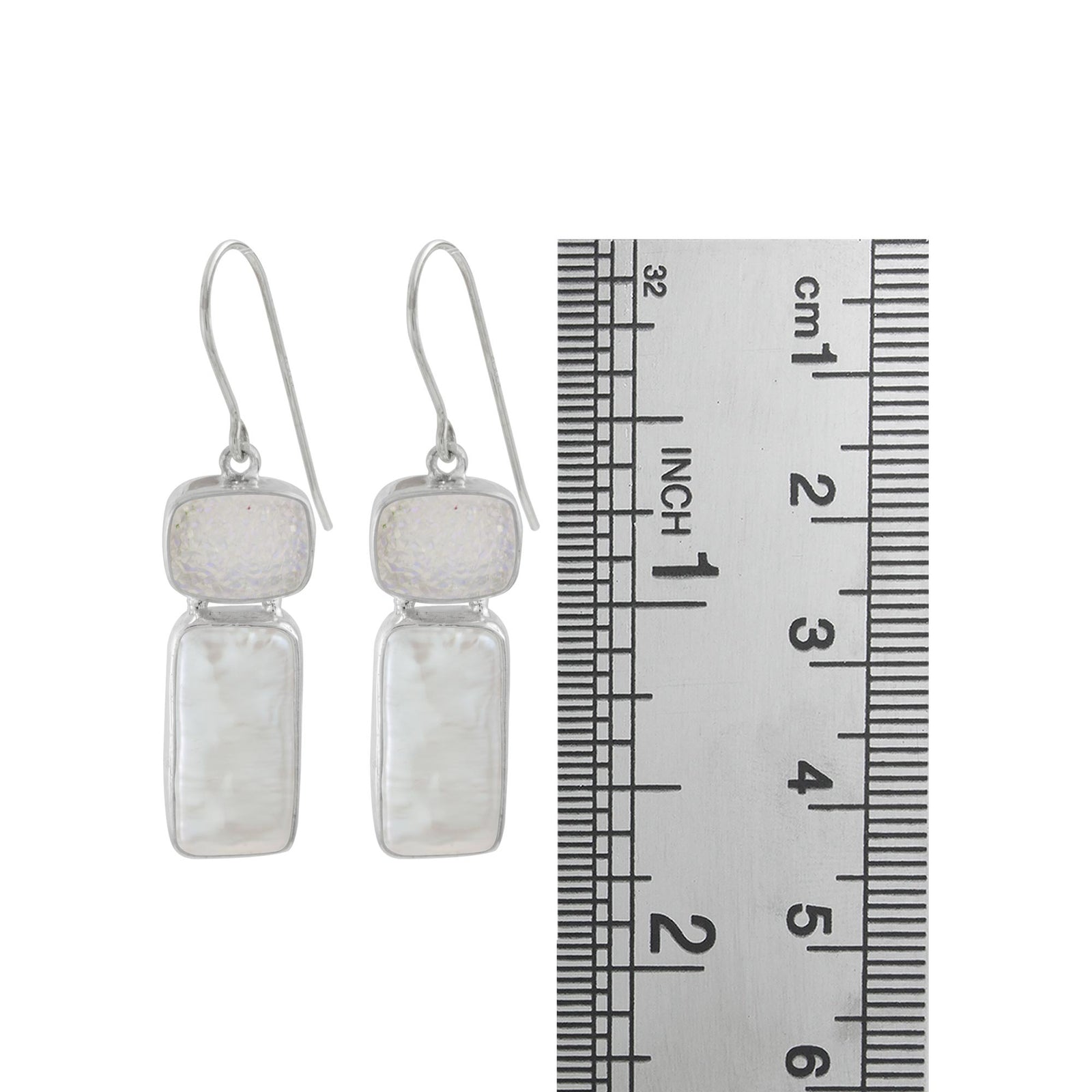 Sterling Silver Earring With Druzy Opal Rectangle, Pearl