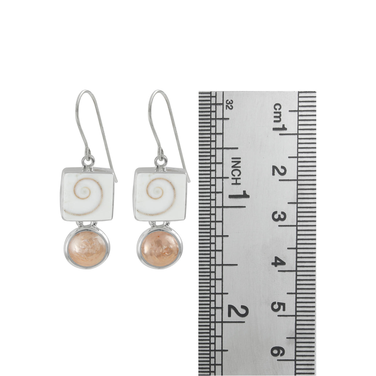 Sterling Silver Earring With Shell Spiral Square, Pearl Coin Peach