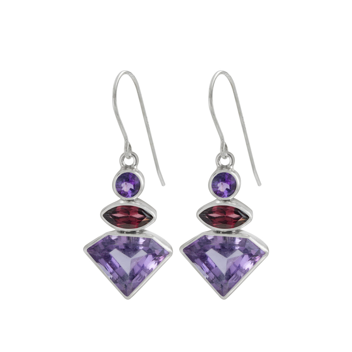 Sterling Silver Earring With Amethyst Round And Marquise, Rhodolite Garnet Marquise Facet