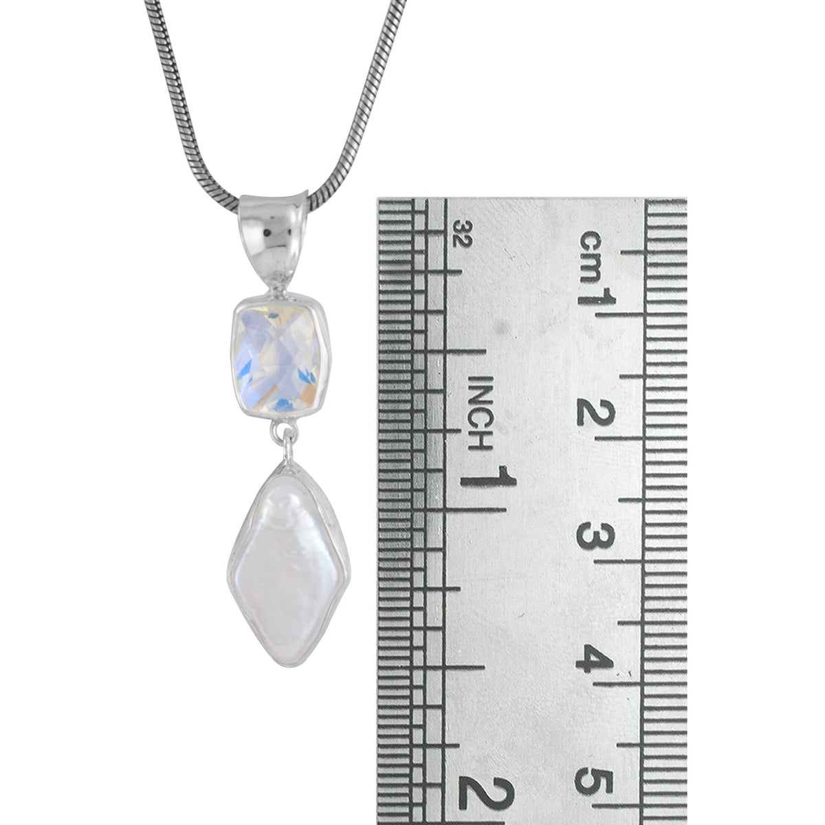 Silver Pendant With Rainbow Quartz Rectangle Checker, Pearl