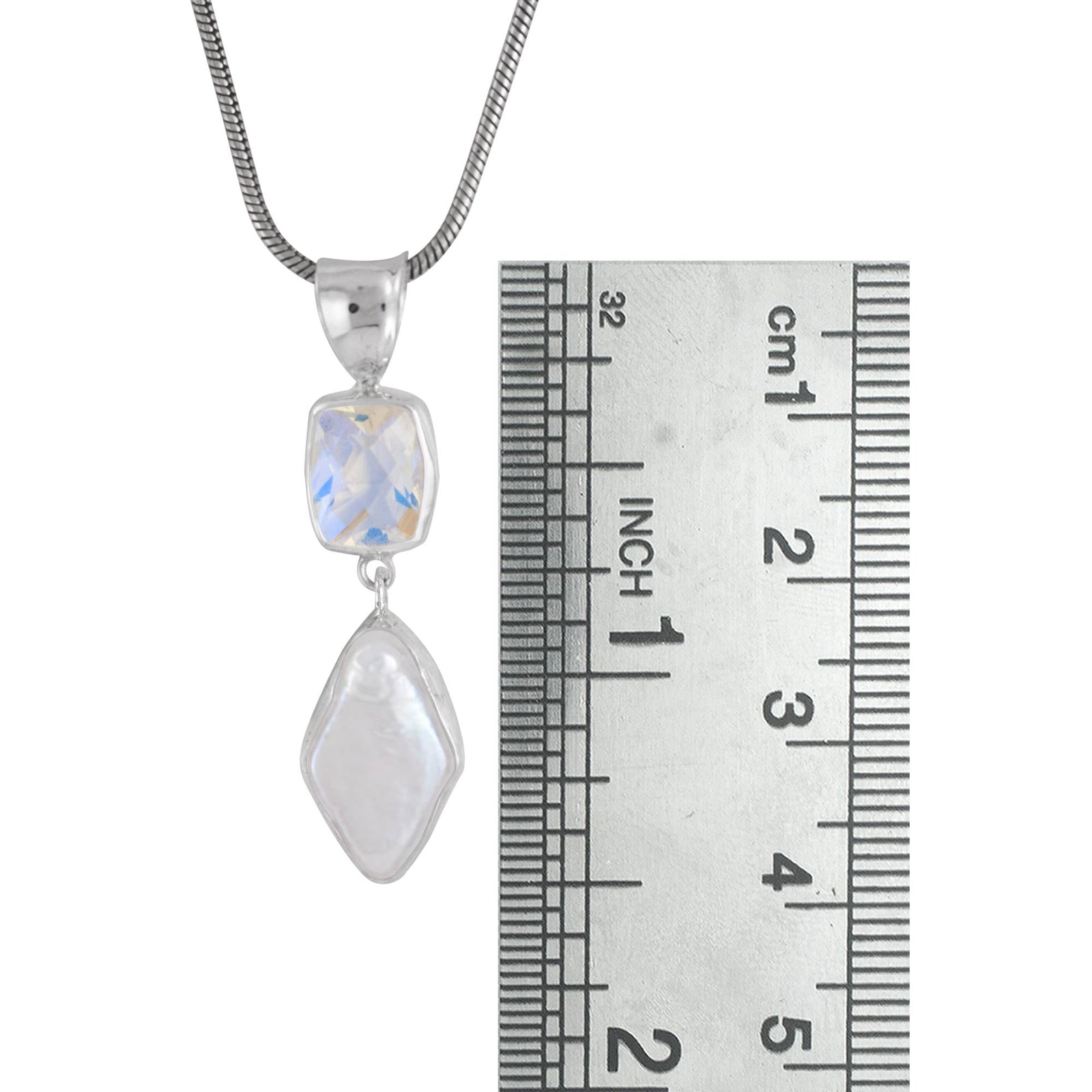 Silver Pendant With Rainbow Quartz Rectangle Checker, Pearl