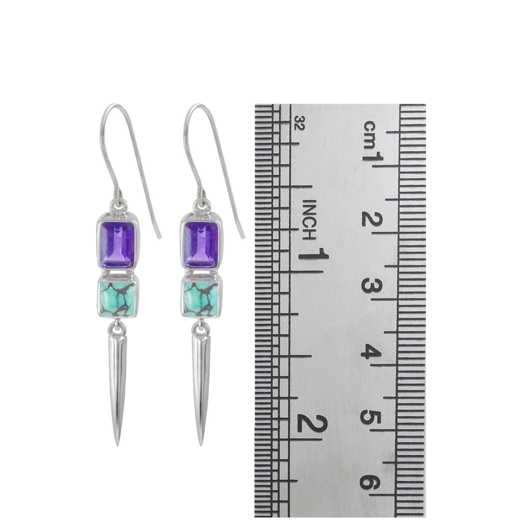 Sterling Silver Earring With Amethyst Revtangle, Turquoise Square