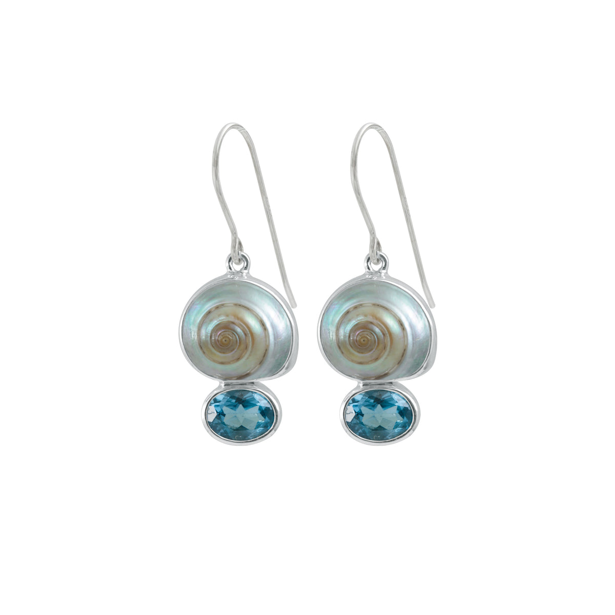 Sterling Silver Earring With Shell Malabar Turbos And Blue Topaz Oval