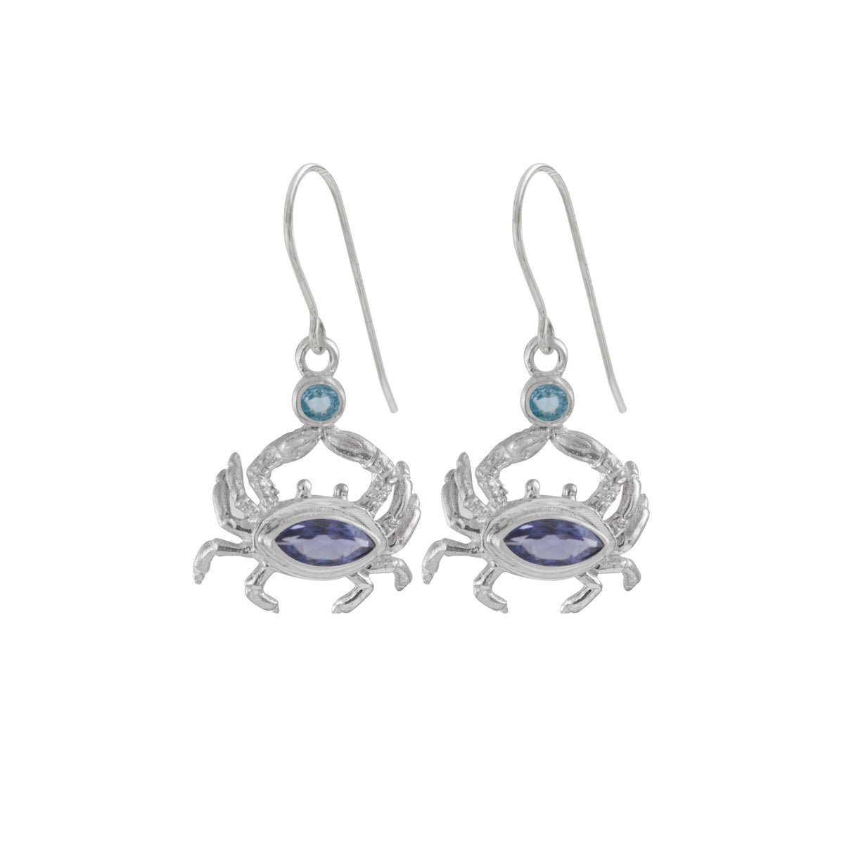 Sterling Silver Earring Crab Component With Blue Topaz Round Facet, Iolite Marqouise Facet