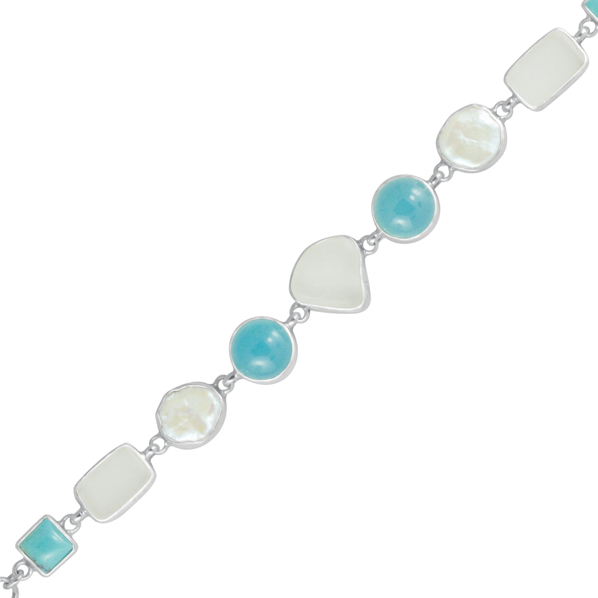 Sterling Silver Bracelet With Sea Glass White, Pearl, Turquoise Square, Ocean Chaldiny Round