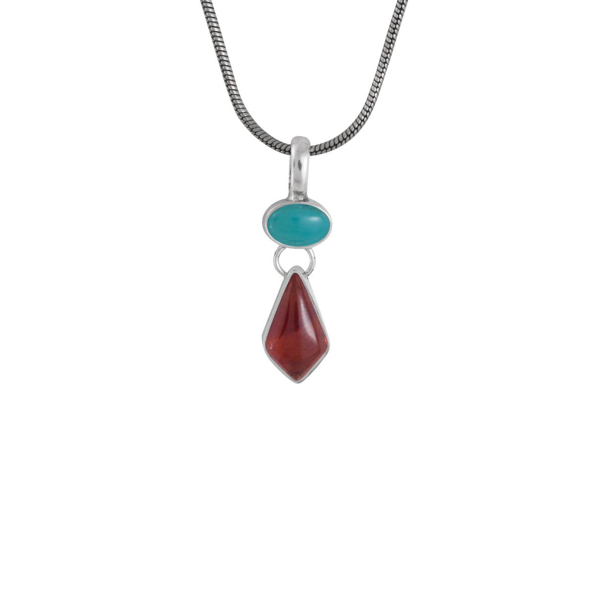 Sterling Silver Pendant With Oval Turquoise, Drop Kite Amber Stone