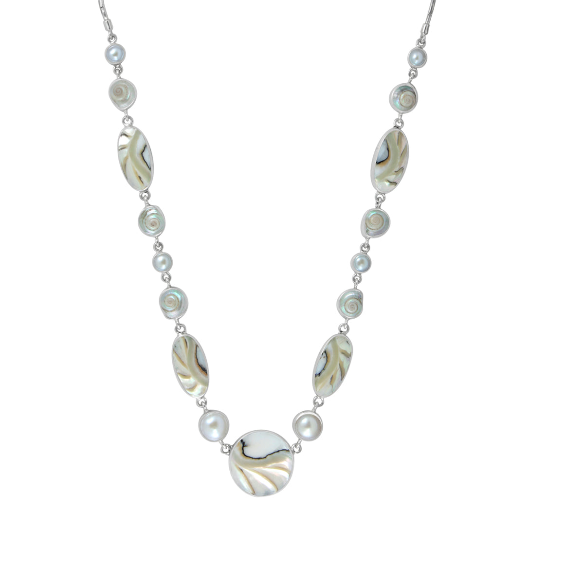 Sterling Silver Necklace With Shell Malabar Turbos, Shell Nautilas Round &amp; Oval, Pearl