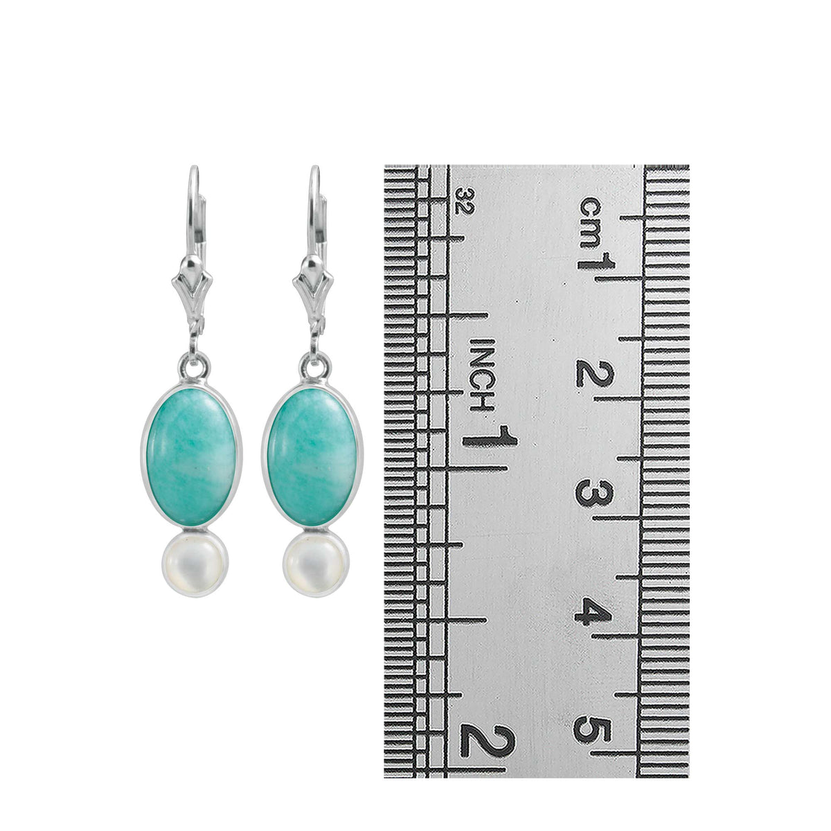 Sterling Silver Earring With Amozonite Oval, Mother Of Pearl Round