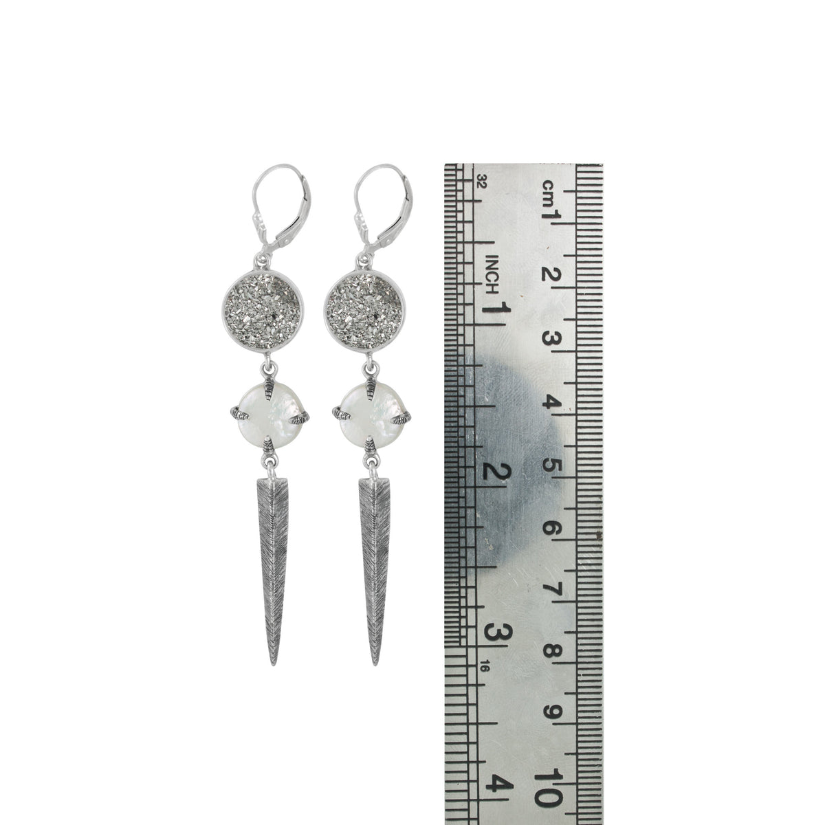 Sterling Silver Earring With Druzy Silver Roungd, Pearl Coin