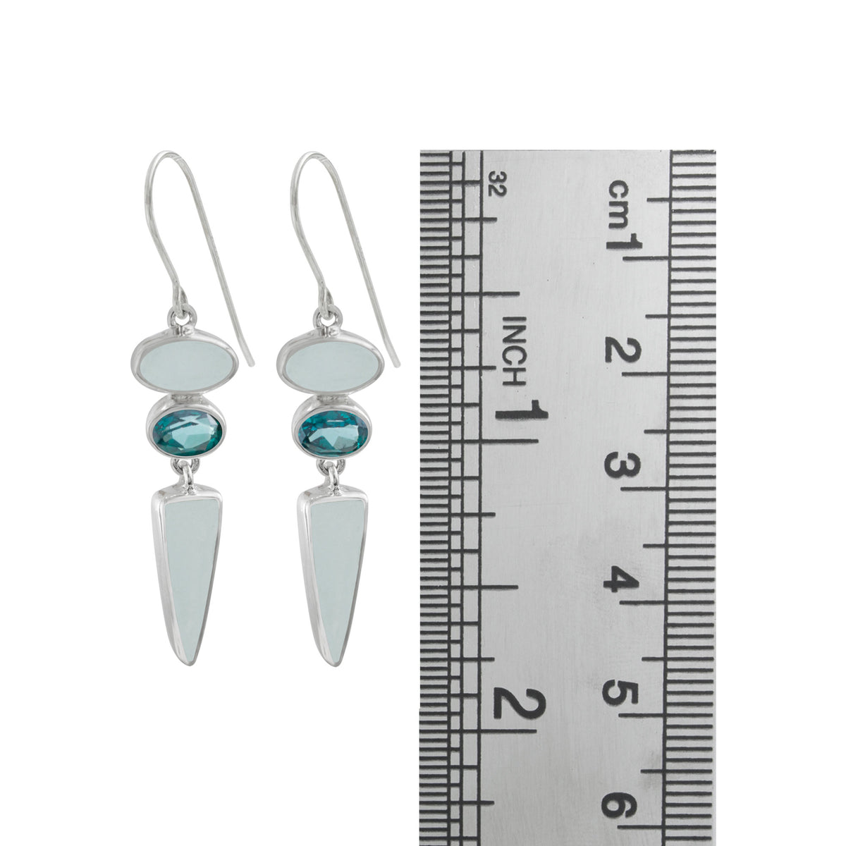 Sterling Silver Earring With Sea Glass Aqua, Green Topaz Oval Facet