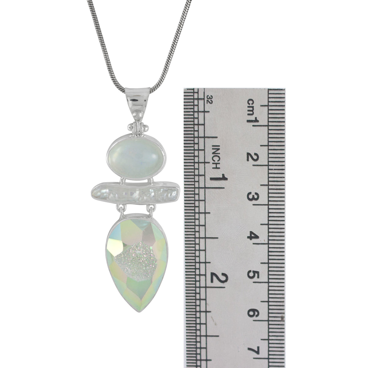 Sterling Silver Pendant With Rainbowmoon Stone Oval Cab, Pearl, Druzy Opal Pear