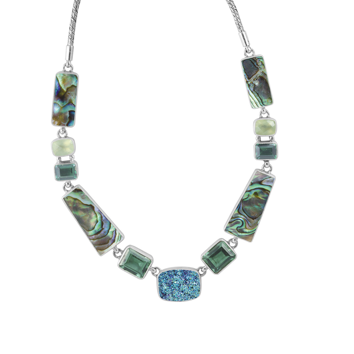 Sterling Silver Necklace With Druzy Cassiopiea Seas,Green Quartz, Paua &amp; Praynite