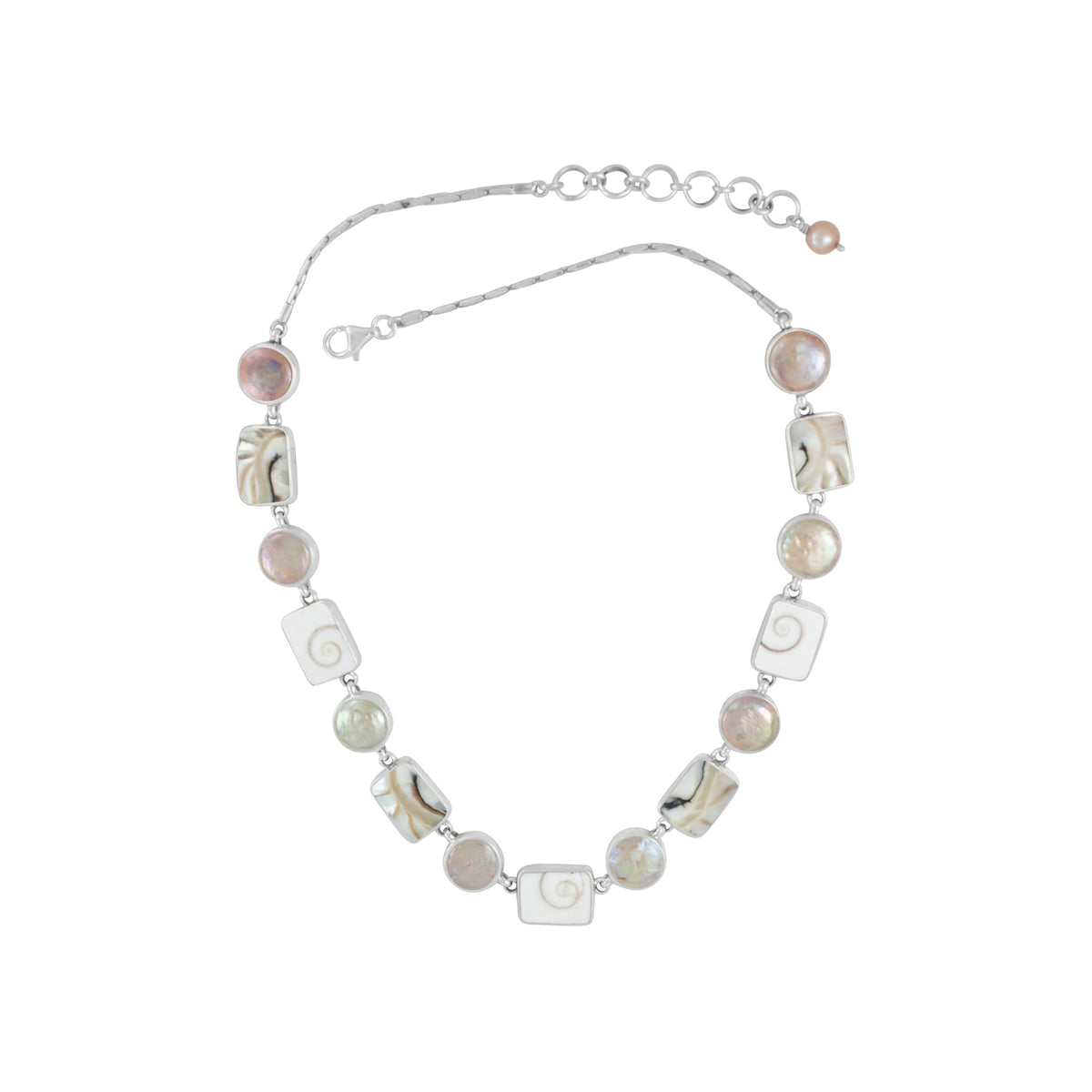 Sterling Silver Necklace With Shell Spiral, Shell Nautilas &amp; Pearl