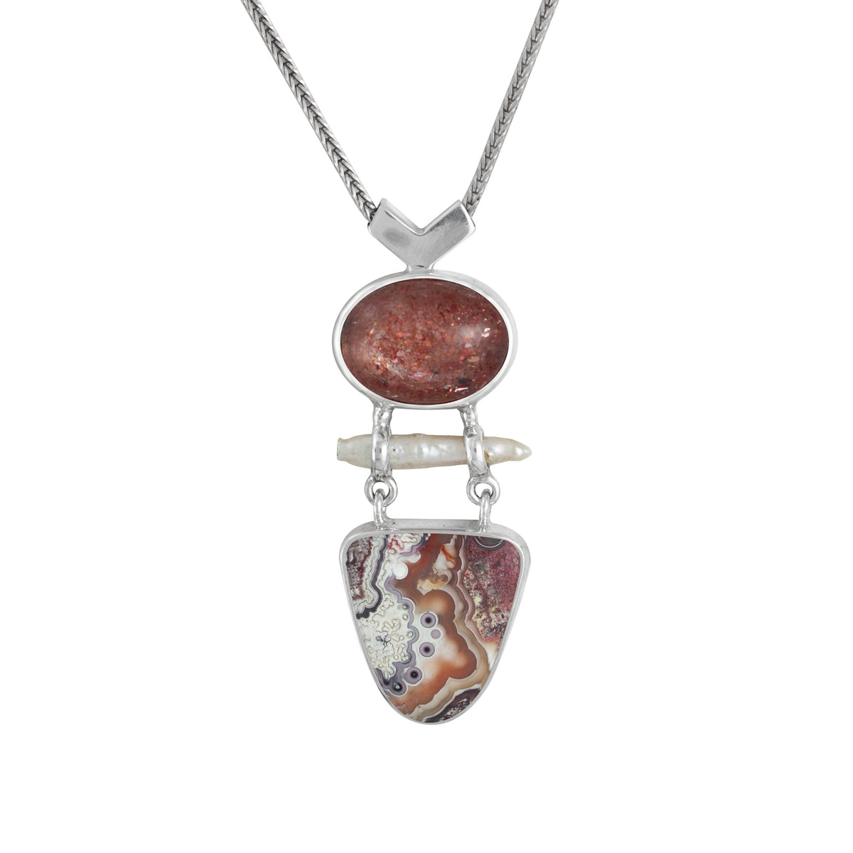 Sterling Silver Pendant With  Sun Stone Oval, Pearl Biwa, Lace Agate Tounge