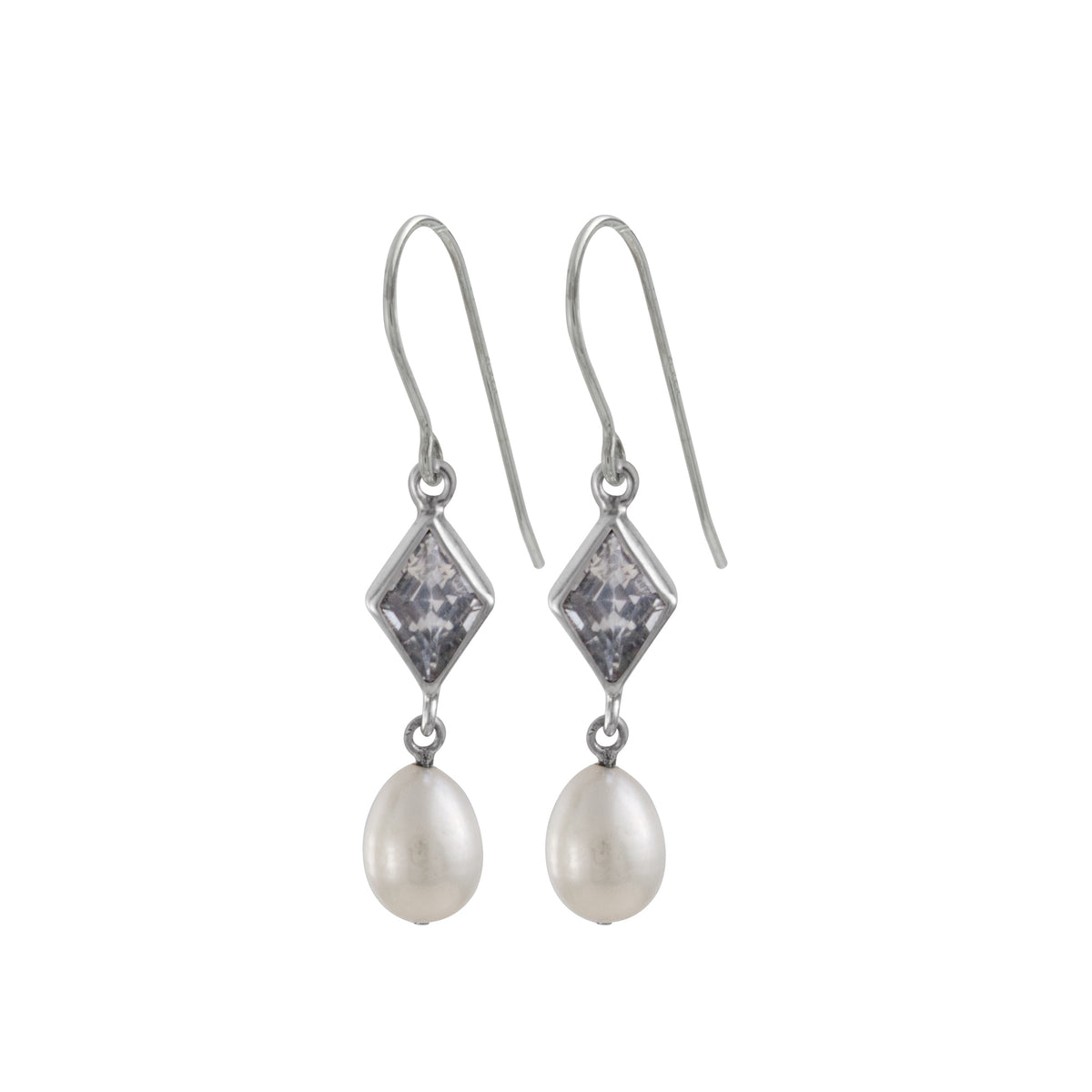 Sterling Silver Earring With Topaz Diamond Facet, Pearl Drop