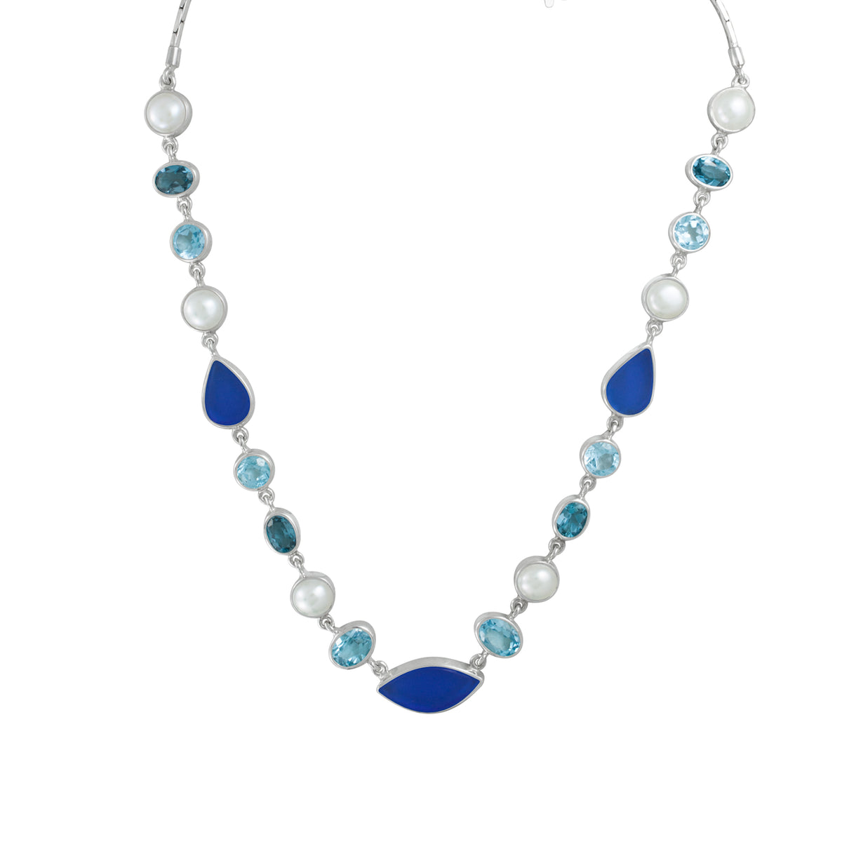 Sterling Silver Necklace With Blue Topaz, Sea Glass, Pearl