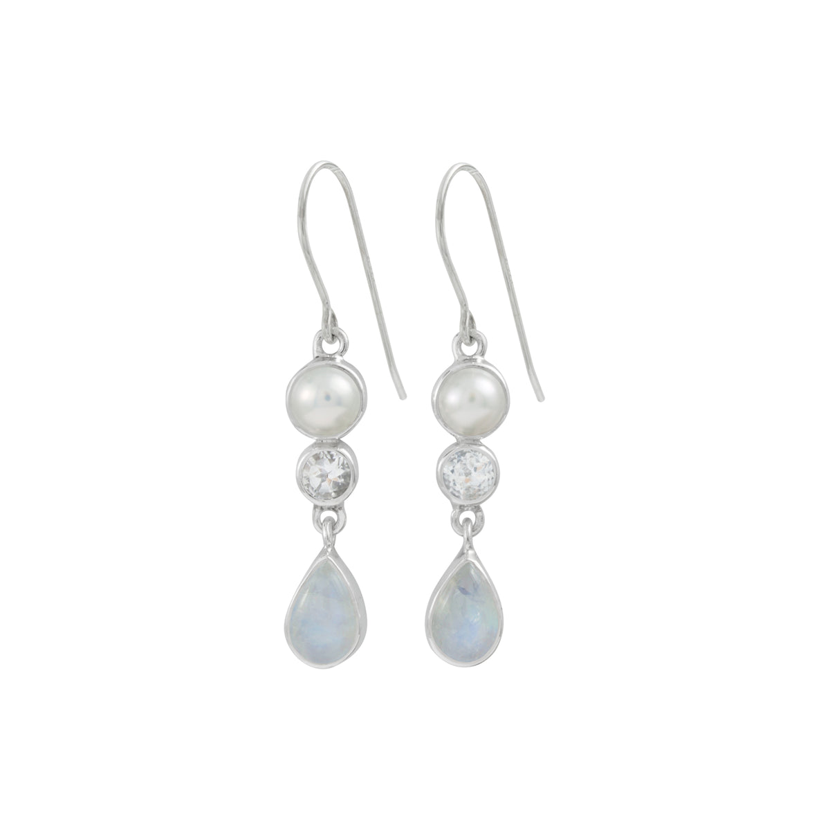 Sterling Silver Earring With 2 Round Stone, Pear Drop