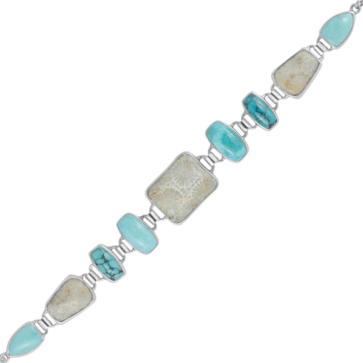 Sterling Silver Bracelet With Turquoise, Fossilized Coral Rectangle