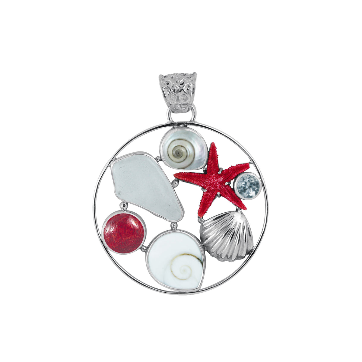 Sterling Silver Pendant Sea Shell Medallion With  Sea Glass, Sponge Coral, White Topaz
