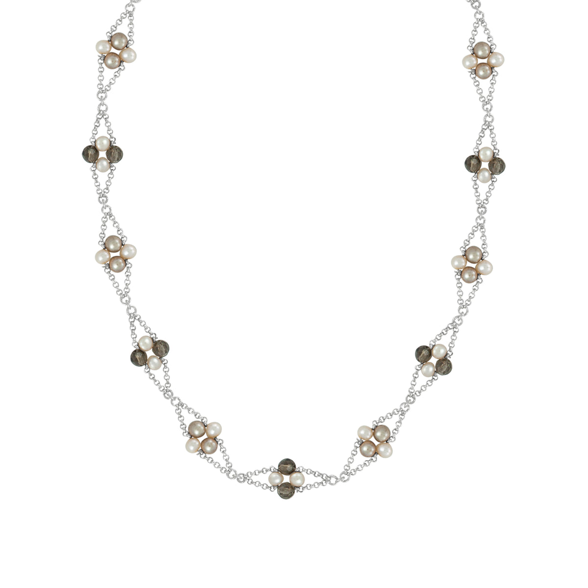 Sterling Silver Necklace Pearl, Smokey Beads With Klip Connected By Chain