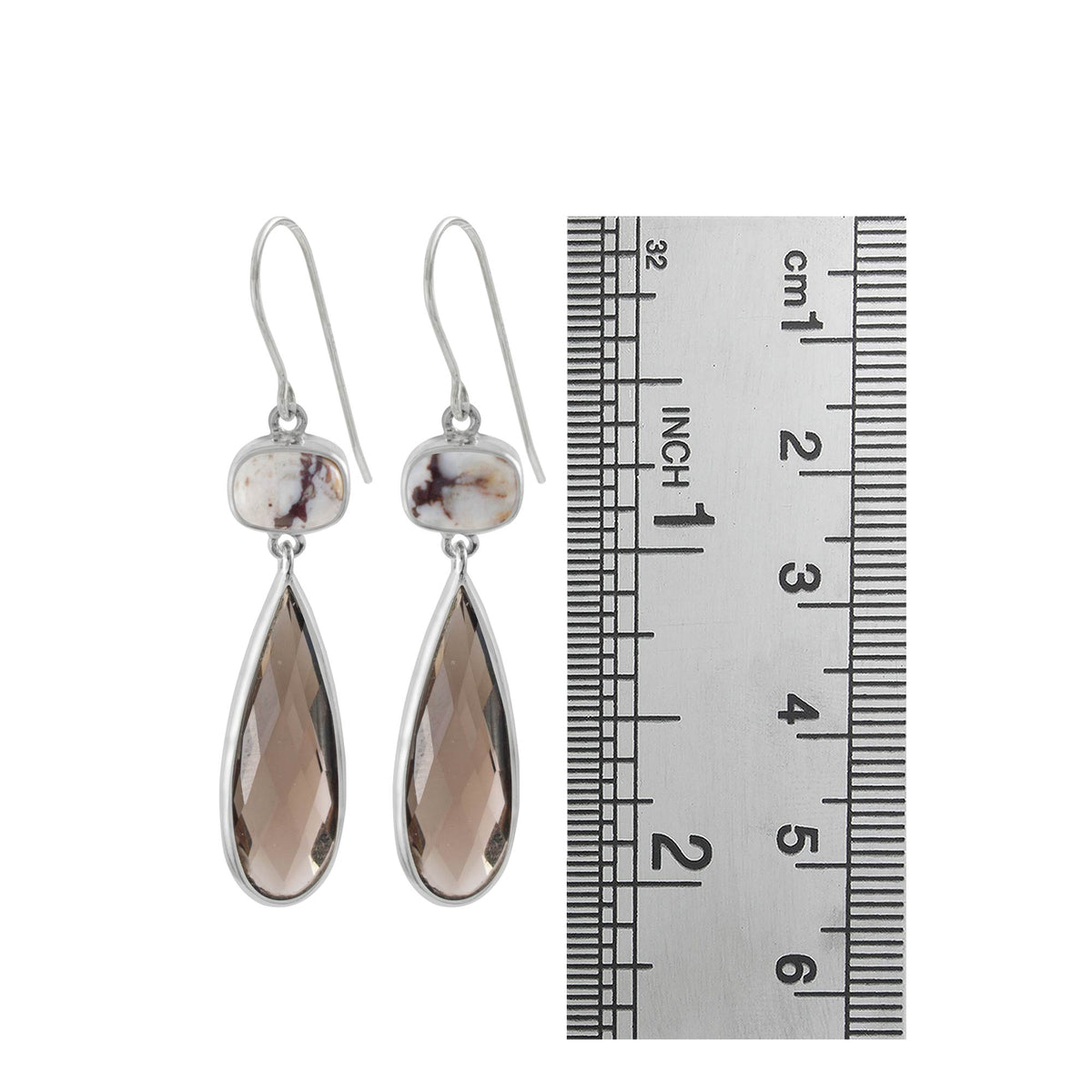 Sterling Silver Earring With Iron Stone Rectangle Cushion, Smokey Pear Briolette