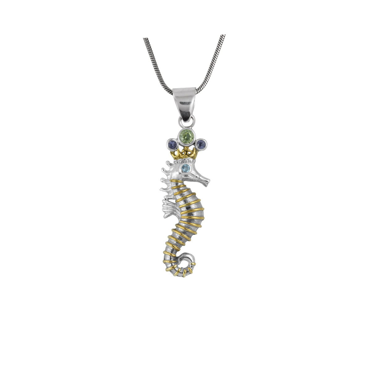 Sterling Silver Pendant Sea Horse Component With Round Peridot, Iolite, Blue Topaz