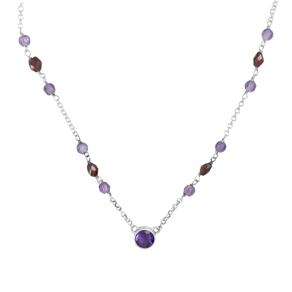 Sterling Silver Necklace With Amethyst Round Facet And Bead Facet