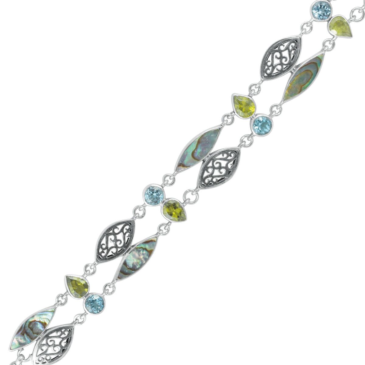 Sterling Silver Bracelet With Paua, Peridot, Blue Topaz &amp; Lace Component
