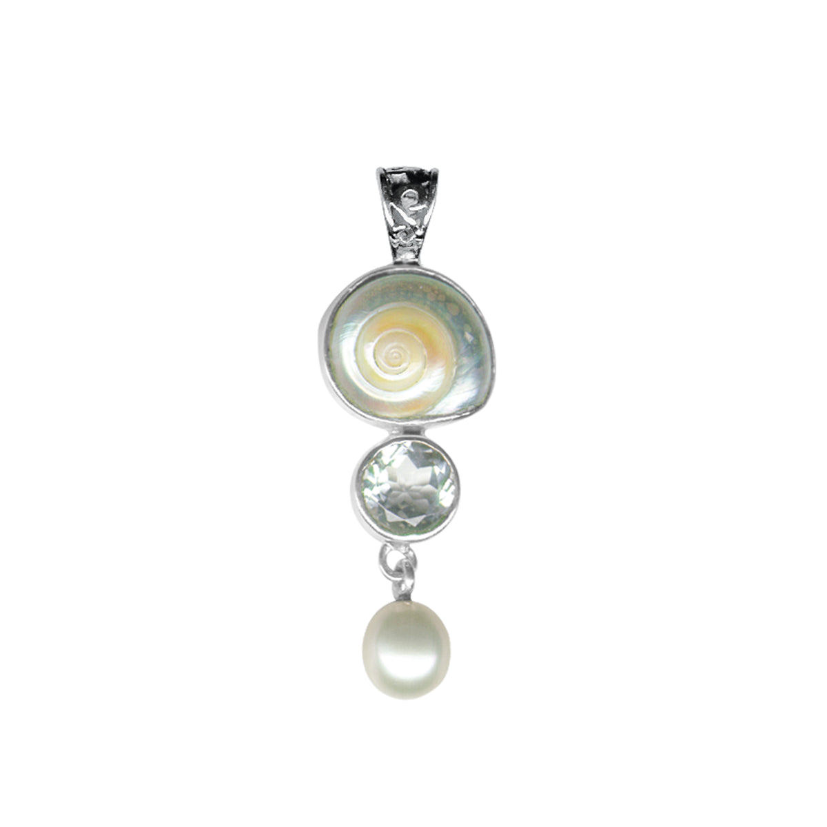 Sterling Silver Pendant With Shell Malabar turbos, White Topaz And Pearl