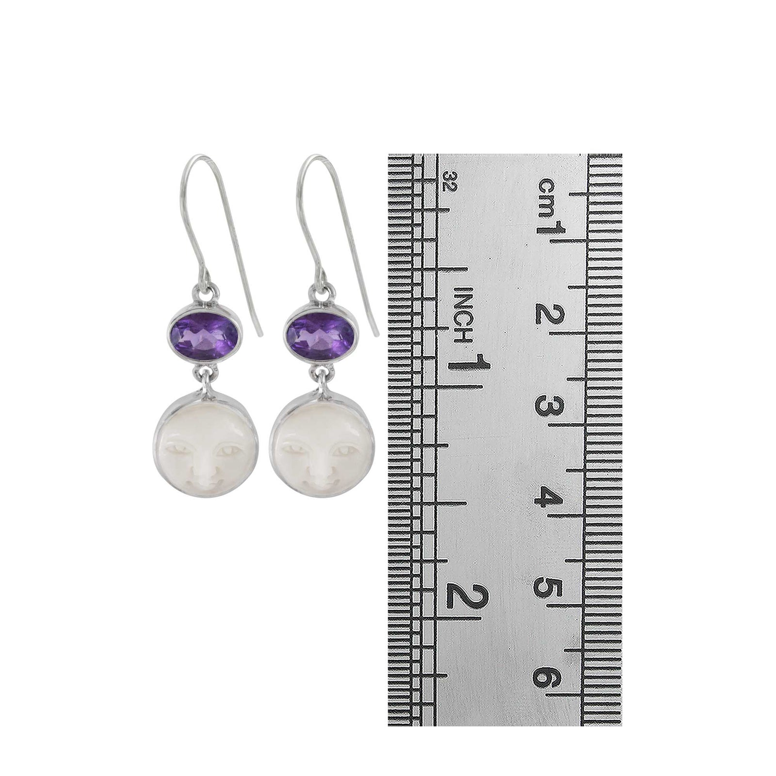 Sterling Silver Earring With Amethyst Oval, Bone Face Drop