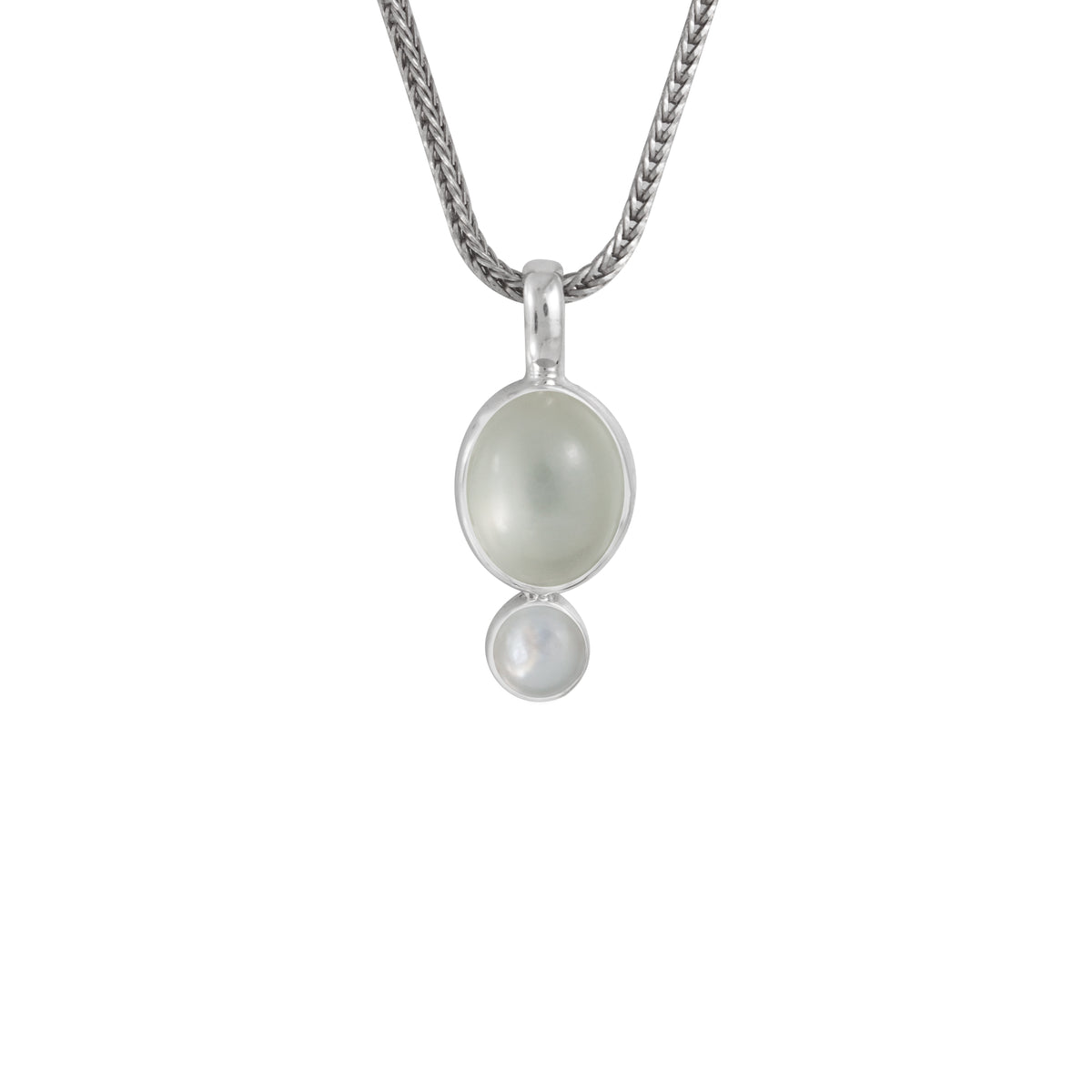 Sterling Silver Pendant With Green Moon Stone Oval, Mother Of Pearl Round