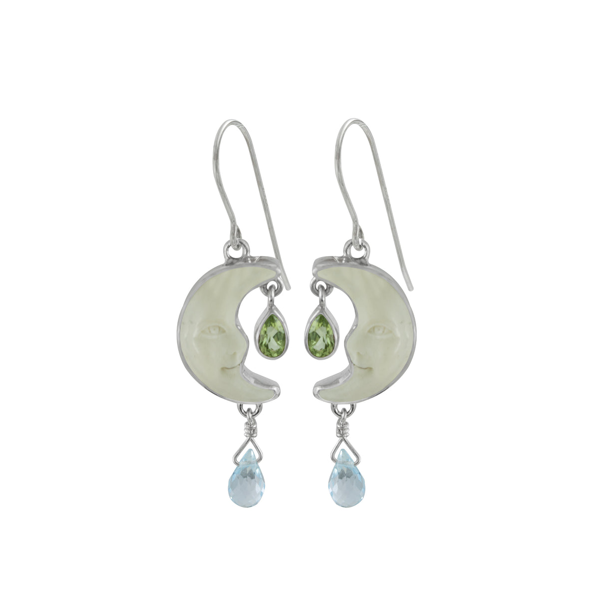 Sterling Silver Half Moon Face Earring With Peridot Pear Facet, Blue Topaz Briolet