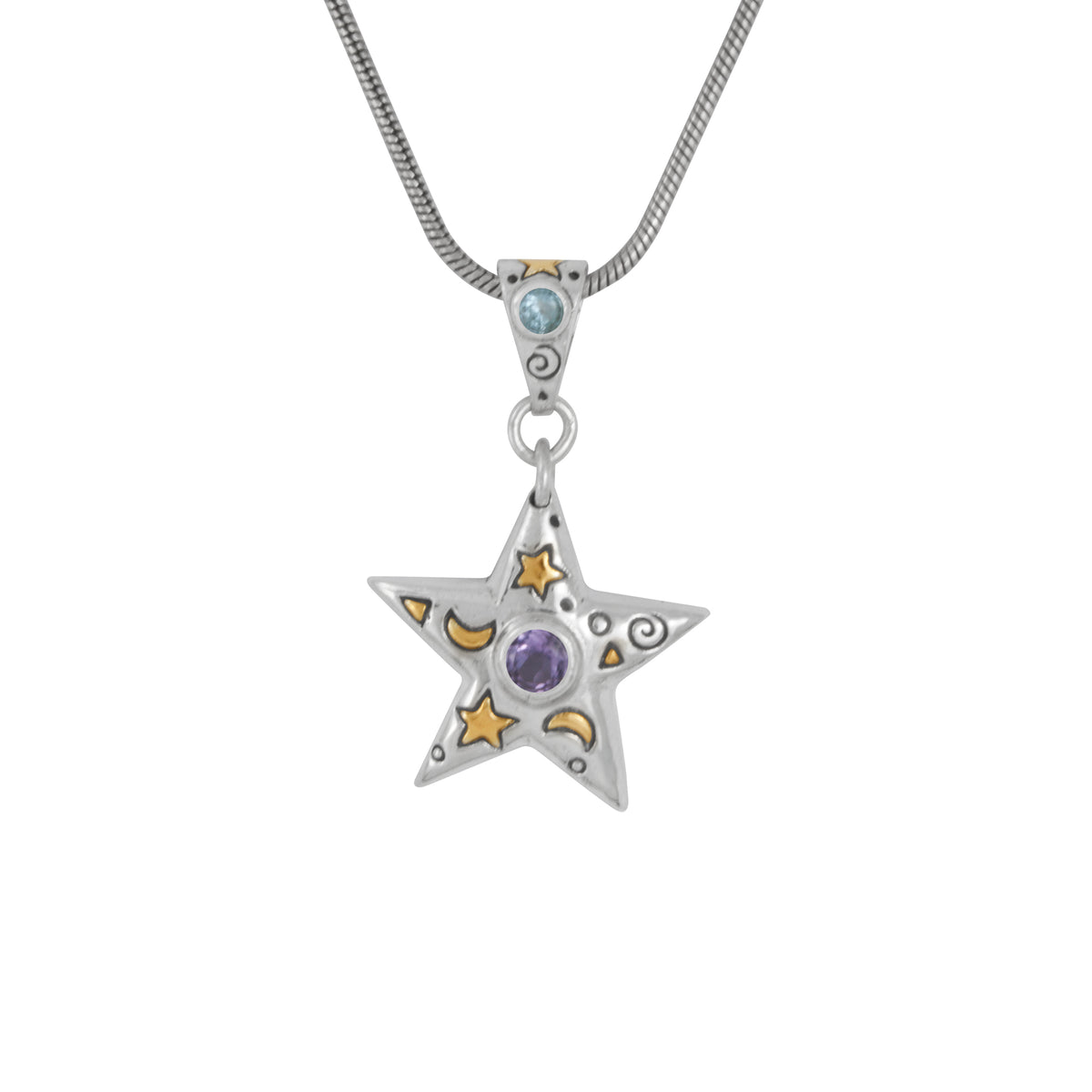 Sterling Silver Pendant Star Component With Blue Topaz, Amethyst Round Facet
