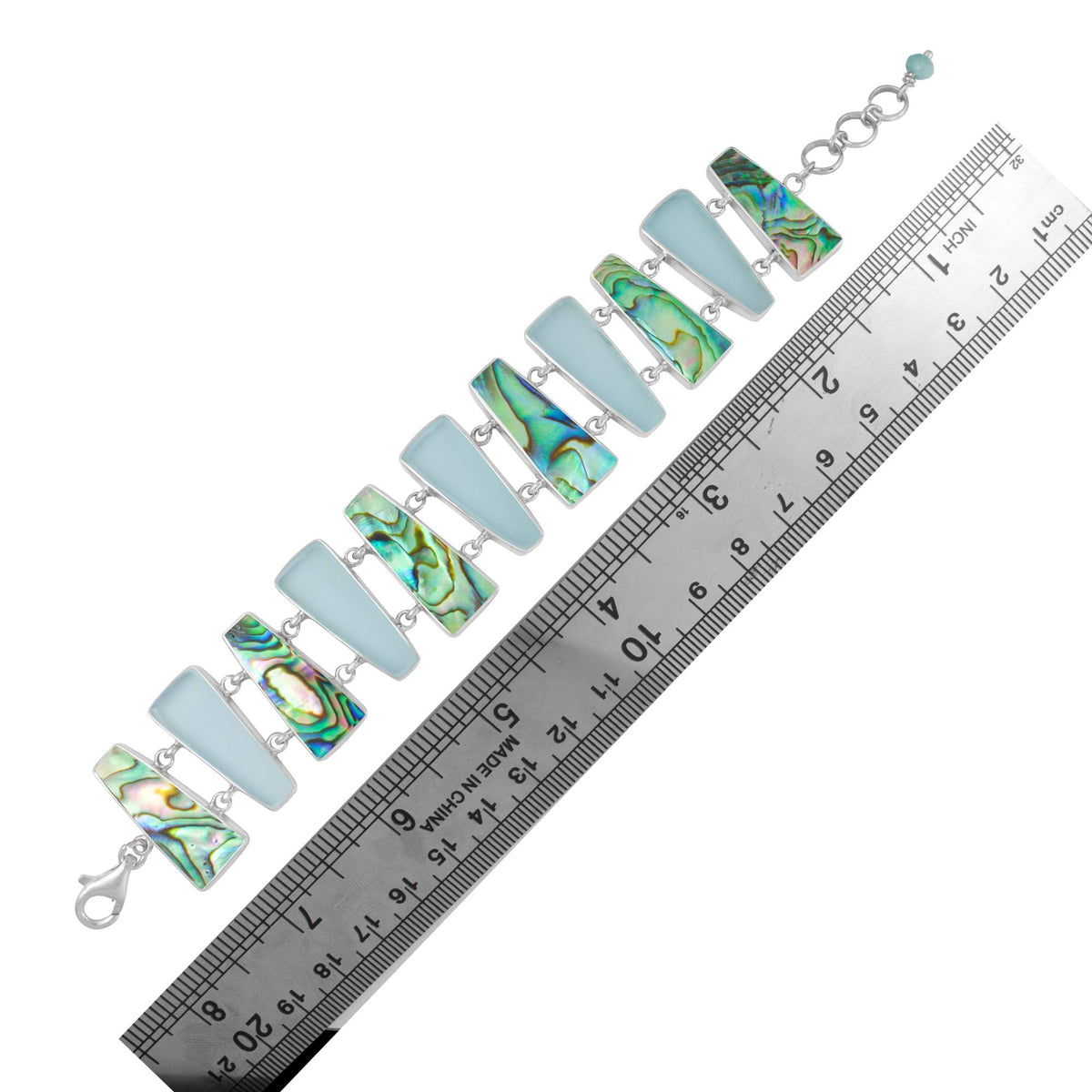 Sterling Silver Bracelet With Shell Paua And Seaglass Aqua