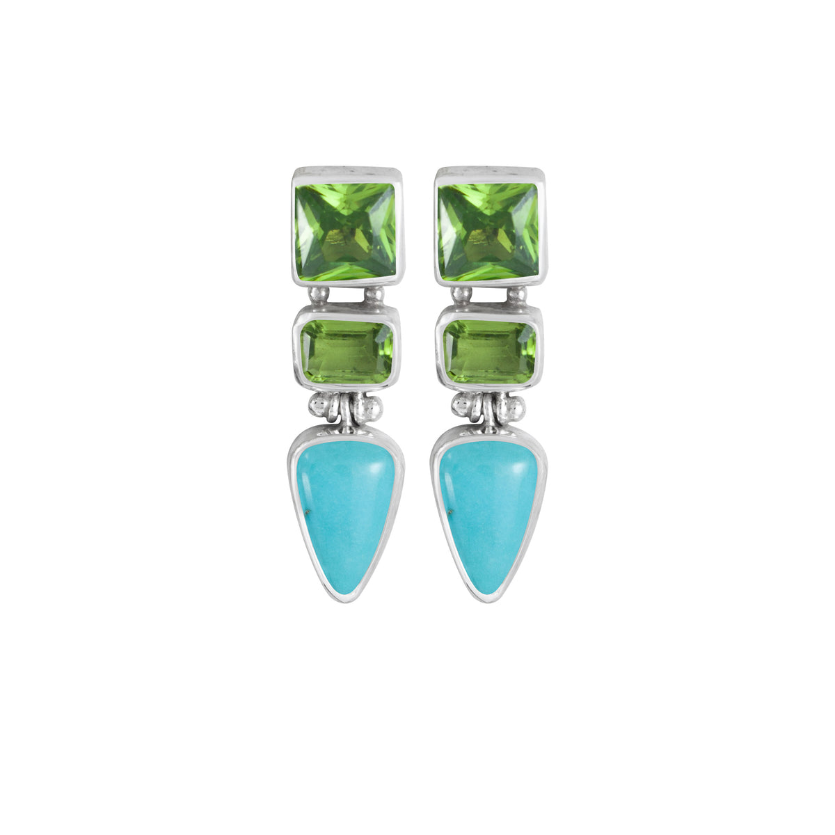 Sterling Silver Earring With 2 Peridot Facet, Turquoise Tongue