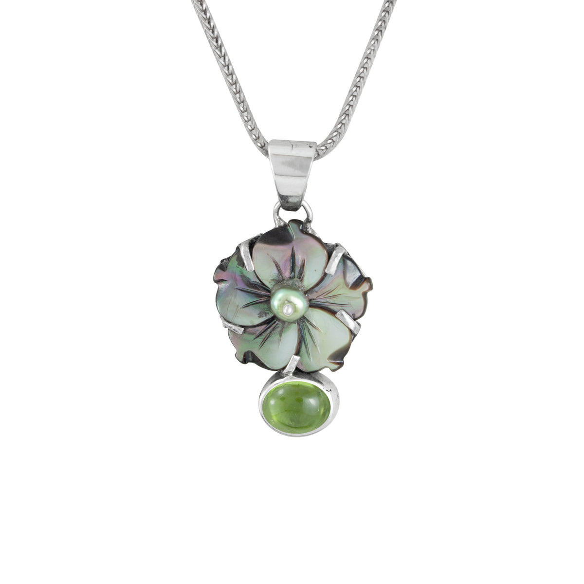 Sterling Silver Pendant With Mop Flower Black, Peridot Oval Cab