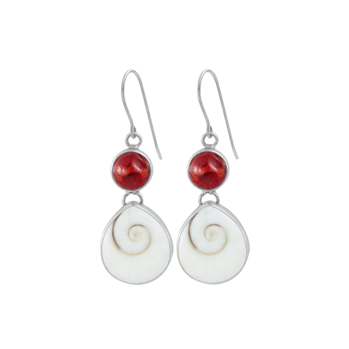 Sterling Silver Earring With Coral Round Drop, Shell Spiral Pear