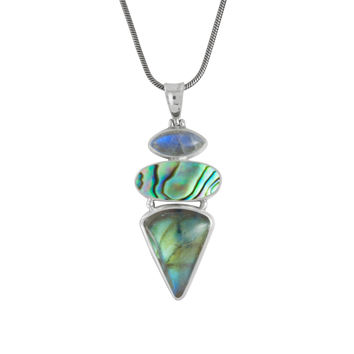 Sterling Silver Pendant With 2 Labradorite, Turquoise Oval