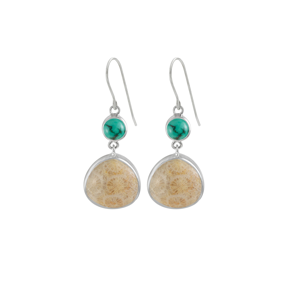 Turquoise and Fossilized Palm Drop Earrings
