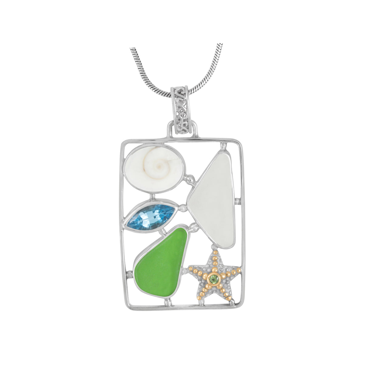 Sterling Silver Pendant With Shell Spiral, Blue Topaz, Sea Glass, Star Component