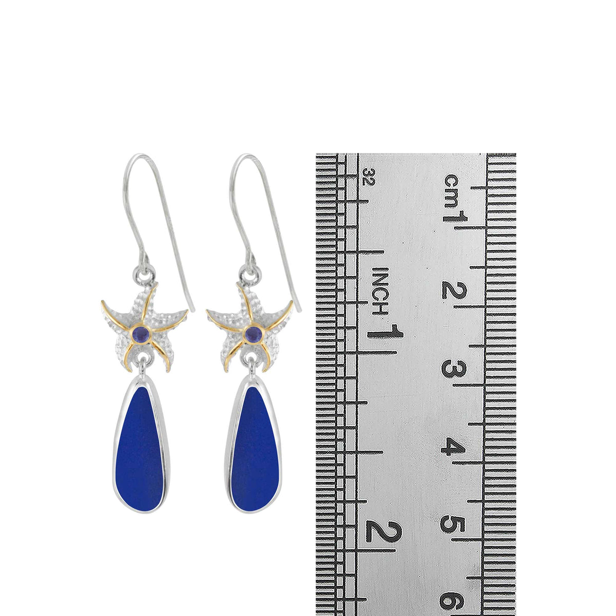 Sterling Silver Earring With Star Coponent, Sea Glass, Iolite,Blue Topaz, Peridot Round