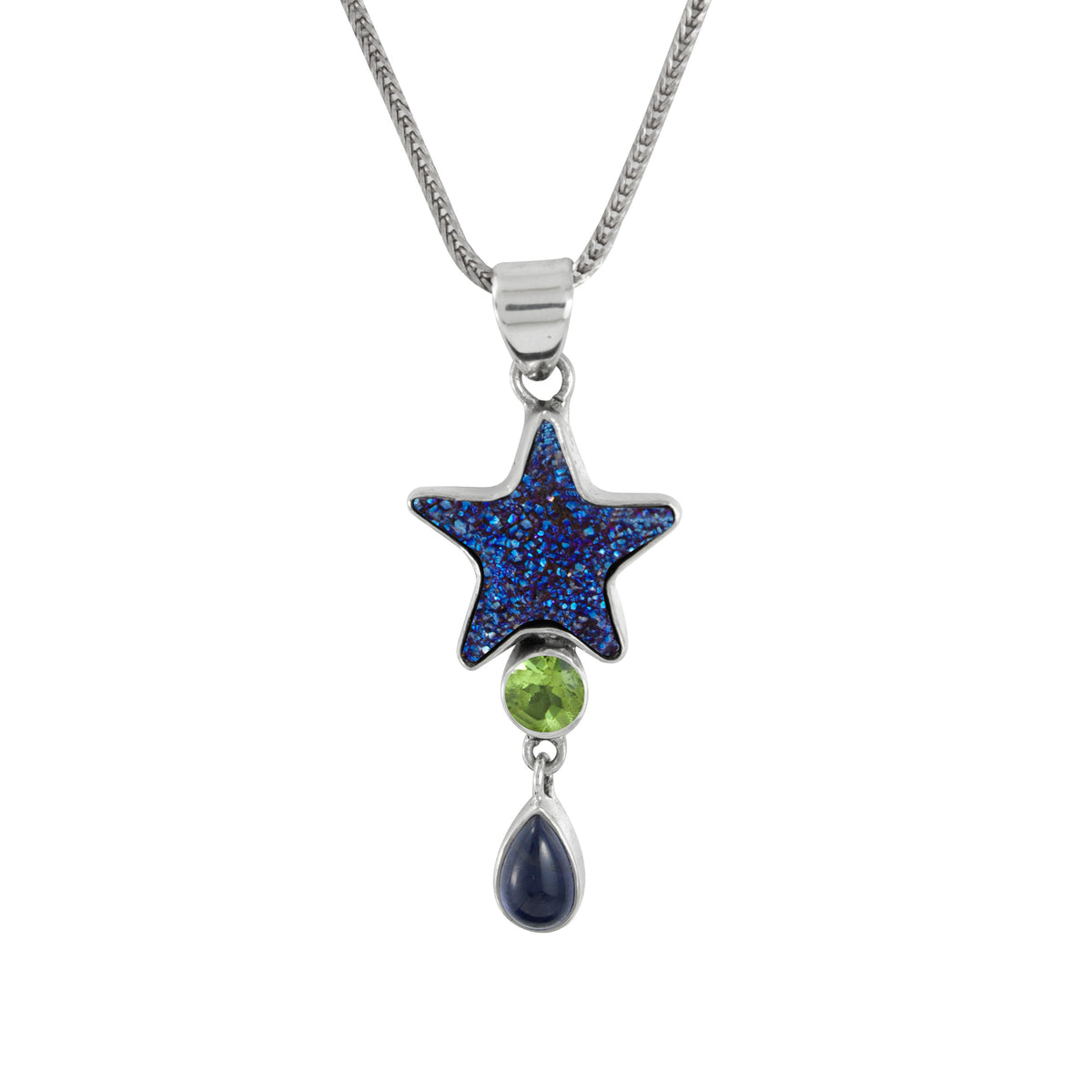 Sterling Silver Star Druzy Pendant With  Peridot Round Facet, Iolite Pear Cab